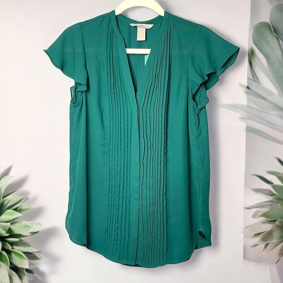 H&M Teal Green Flutter Sleeve Blouse NWT Size 6 EUR 38 V-Neck Tuxedo Pleat - Picture 1 of 10